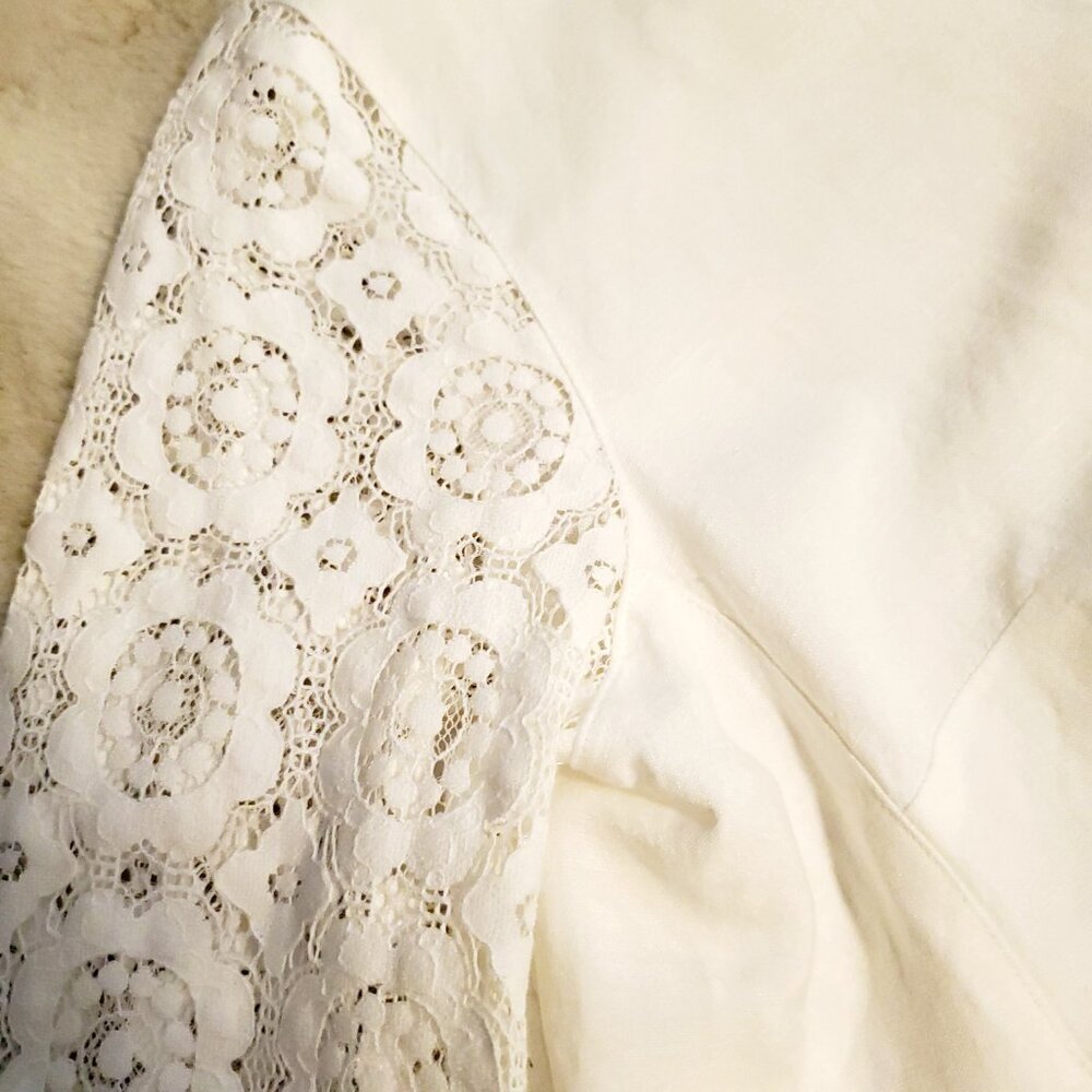 Linen Cotton Blend Rafael Large White Lace Sleeve Button Down Top - Picture 8 of 11
